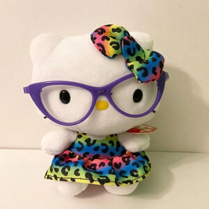 Hello Kitty Ty  Beanie Babies Sanrio Plush 6 Inch Purple Glasses Rainbow Dress